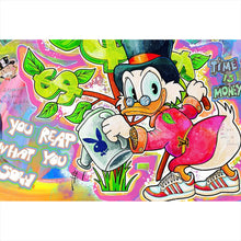 Lade das Bild in den Galerie-Viewer, Acrylglasbild Cartoon Entenmotiv mit Dollarzeichen Querformat
