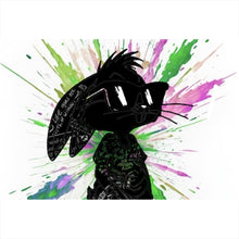 Lade das Bild in den Galerie-Viewer, Aluminiumbild gebürstet Cartoon Hase mit buntem Farbklecks Querformat
