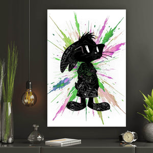 Aluminiumbild Cartoon Hase mit buntem Farbklecks Hochformat