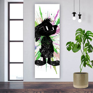 Aluminiumbild Cartoon Hase mit buntem Farbklecks Panorama Hoch