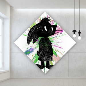 Aluminiumbild Cartoon Hase mit buntem Farbklecks Raute