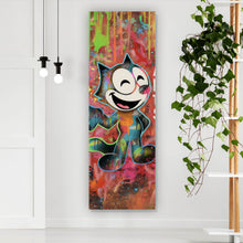 Lade das Bild in den Galerie-Viewer, Acrylglasbild Cartoon Katze mit buntem Farbspritzer Hintergrund Panorama Hoch
