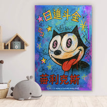 Lade das Bild in den Galerie-Viewer, Aluminiumbild gebürstet Cartoon Katze mit Dollarzeichen und buntem Hintergrund Hochformat
