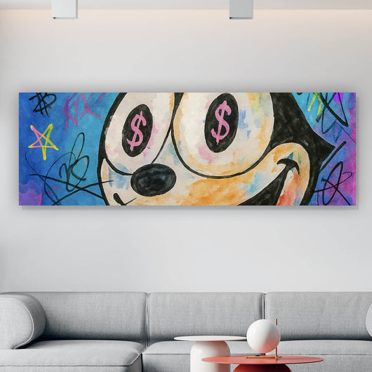 Leinwandbild Cartoon Katze mit Dollarzeichen und buntem Hintergrund Panorama