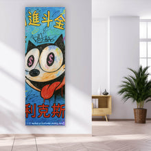Lade das Bild in den Galerie-Viewer, Aluminiumbild gebürstet Cartoon Katze mit Dollarzeichen und buntem Hintergrund Panorama Hoch

