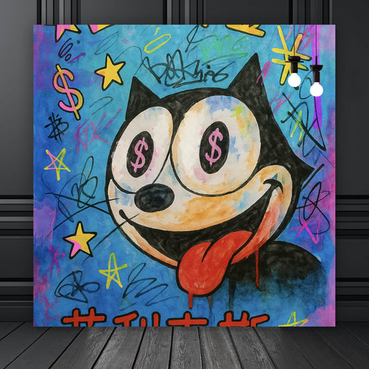 Aluminiumbild Cartoon Katze mit Dollarzeichen und buntem Hintergrund Quadrat
