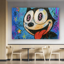 Lade das Bild in den Galerie-Viewer, Acrylglasbild Cartoon Katze mit Dollarzeichen und buntem Hintergrund Querformat
