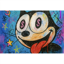 Lade das Bild in den Galerie-Viewer, Aluminiumbild Cartoon Katze mit Dollarzeichen und buntem Hintergrund Querformat
