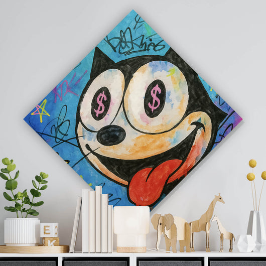 Poster Cartoon Katze mit Dollarzeichen und buntem Hintergrund Raute