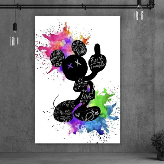 Leinwandbild Cartoon Maus mit bunten Farbklecksen Hochformat