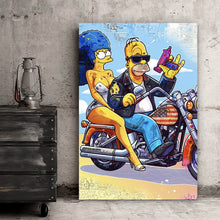 Lade das Bild in den Galerie-Viewer, Poster Cartoon Paar auf Motorrad farbenfrohe Illustration Hochformat
