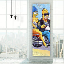 Lade das Bild in den Galerie-Viewer, Poster Cartoon Paar auf Motorrad farbenfrohe Illustration Panorama Hoch
