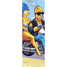 Lade das Bild in den Galerie-Viewer, Acrylglasbild Cartoon Paar auf Motorrad farbenfrohe Illustration Panorama Hoch
