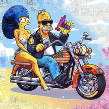 Lade das Bild in den Galerie-Viewer, Poster Cartoon Paar auf Motorrad farbenfrohe Illustration Quadrat
