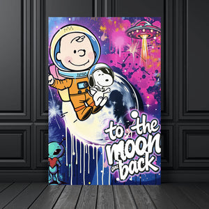 Aluminiumbild Charlie und Snoopy im Weltall Pop Art Hochformat