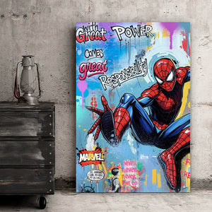 Poster Comic Held schwingt dynamisch durch bunte Graffiti Wand Hochformat