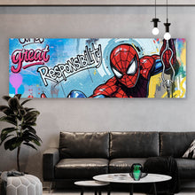 Lade das Bild in den Galerie-Viewer, Acrylglasbild Comic Held schwingt dynamisch durch bunte Graffiti Wand Panorama
