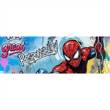 Lade das Bild in den Galerie-Viewer, Poster Comic Held schwingt dynamisch durch bunte Graffiti Wand Panorama
