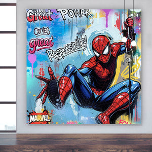 Aluminiumbild Comic Held schwingt dynamisch durch bunte Graffiti Wand Quadrat