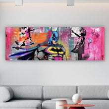 Lade das Bild in den Galerie-Viewer, Poster Comic Held vor buntem Street Art Hintergrund Panorama
