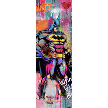 Lade das Bild in den Galerie-Viewer, Acrylglasbild Comic Held vor buntem Street Art Hintergrund Panorama Hoch
