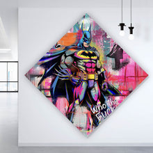 Lade das Bild in den Galerie-Viewer, Acrylglasbild Comic Held vor buntem Street Art Hintergrund Raute
