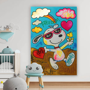 Acrylglasbild Comic Hund Snoopi mit Herzmotiv Hochformat