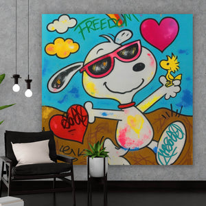 Acrylglasbild Comic Hund Snoopi mit Herzmotiv Quadrat