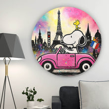 Lade das Bild in den Galerie-Viewer, Aluminiumbild gebürstet Comic Hund vor Pariser Skyline Pop Art Kreis
