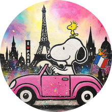 Lade das Bild in den Galerie-Viewer, Aluminiumbild gebürstet Comic Hund vor Pariser Skyline Pop Art Kreis
