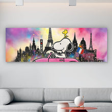 Lade das Bild in den Galerie-Viewer, Aluminiumbild gebürstet Comic Hund vor Pariser Skyline Pop Art Panorama
