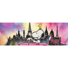 Lade das Bild in den Galerie-Viewer, Aluminiumbild gebürstet Comic Hund vor Pariser Skyline Pop Art Panorama
