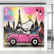 Lade das Bild in den Galerie-Viewer, Acrylglasbild Comic Hund vor Pariser Skyline Pop Art Quadrat
