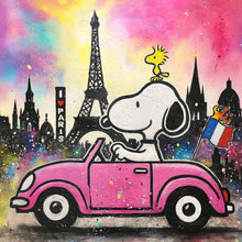 Lade das Bild in den Galerie-Viewer, Aluminiumbild Comic Hund vor Pariser Skyline Pop Art Quadrat
