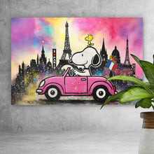 Lade das Bild in den Galerie-Viewer, Leinwandbild Comic Hund vor Pariser Skyline Pop Art Querformat
