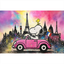 Lade das Bild in den Galerie-Viewer, Leinwandbild Comic Hund vor Pariser Skyline Pop Art Querformat
