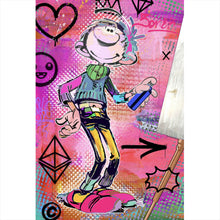 Lade das Bild in den Galerie-Viewer, Aluminiumbild gebürstet Comicfigur mit Spraydose im Graffiti Stil Hochformat
