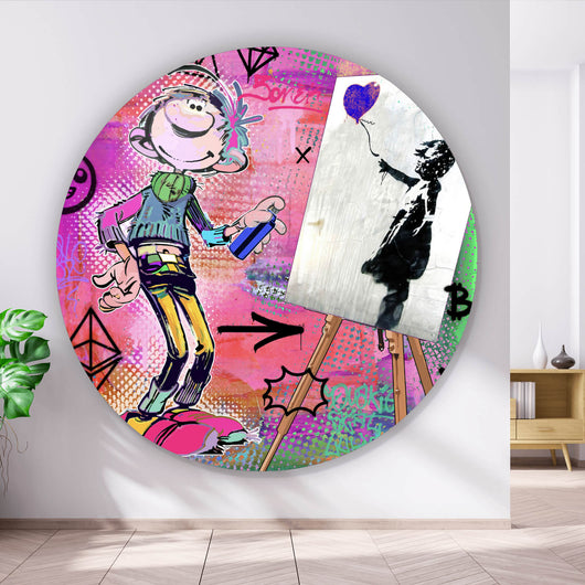 Aluminiumbild gebürstet Comicfigur mit Spraydose im Graffiti Stil Kreis