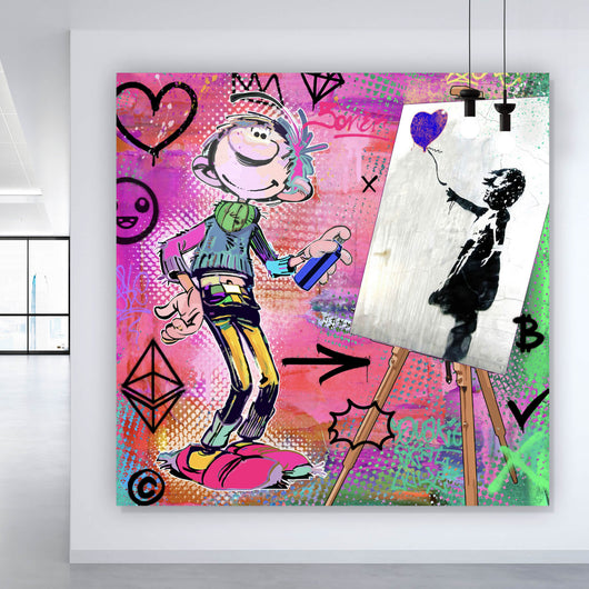 Aluminiumbild Comicfigur mit Spraydose im Graffiti Stil Quadrat