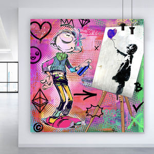 Spannrahmenbild Comicfigur mit Spraydose im Graffiti Stil Quadrat