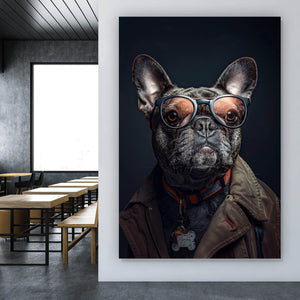 Poster Coole Bulldogge mit Brille und Jacke Hochformat