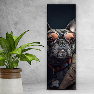 Aluminiumbild gebürstet Coole Bulldogge mit Brille und Jacke Panorama Hoch