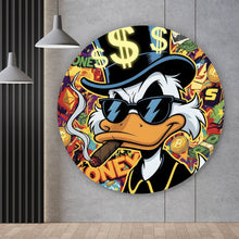 Lade das Bild in den Galerie-Viewer, Aluminiumbild Coole Ente mit Zigarre auf Geld Hintergrund Kreis
