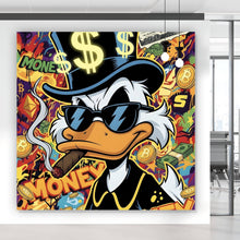 Lade das Bild in den Galerie-Viewer, Aluminiumbild gebürstet Coole Ente mit Zigarre auf Geld Hintergrund Quadrat
