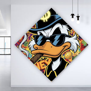 Aluminiumbild Coole Ente mit Zigarre auf Geld Hintergrund Raute