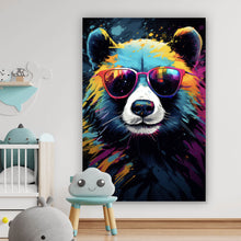 Lade das Bild in den Galerie-Viewer, Leinwandbild Bunter Panda mit Sonnenbrille Street Art Hochformat

