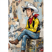 Lade das Bild in den Galerie-Viewer, Acrylglasbild Cooler Cowboy auf urbanem Hintergrund Hochformat
