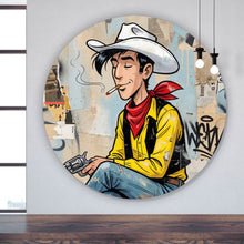 Lade das Bild in den Galerie-Viewer, Aluminiumbild gebürstet Cooler Cowboy auf urbanem Hintergrund Kreis
