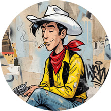 Lade das Bild in den Galerie-Viewer, Aluminiumbild gebürstet Cooler Cowboy auf urbanem Hintergrund Kreis

