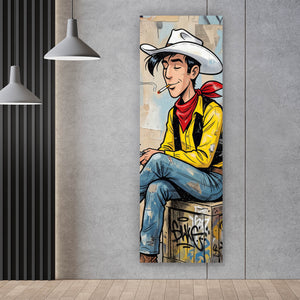 Spannrahmenbild Cooler Cowboy auf urbanem Hintergrund Panorama Hoch